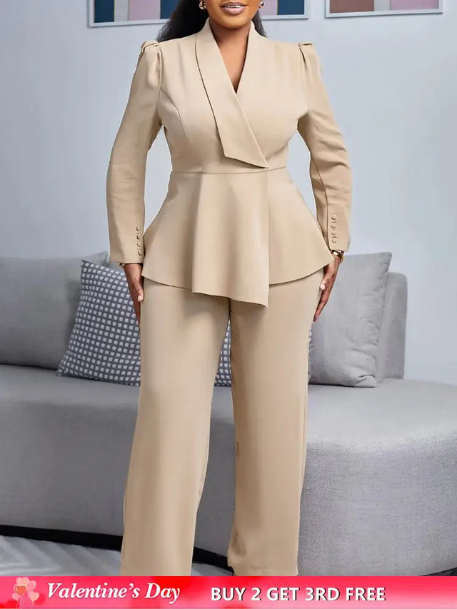 Women Elegant Two Pieces Set V Neck Peplum Belly Cover Top Long Wide Leg Pants