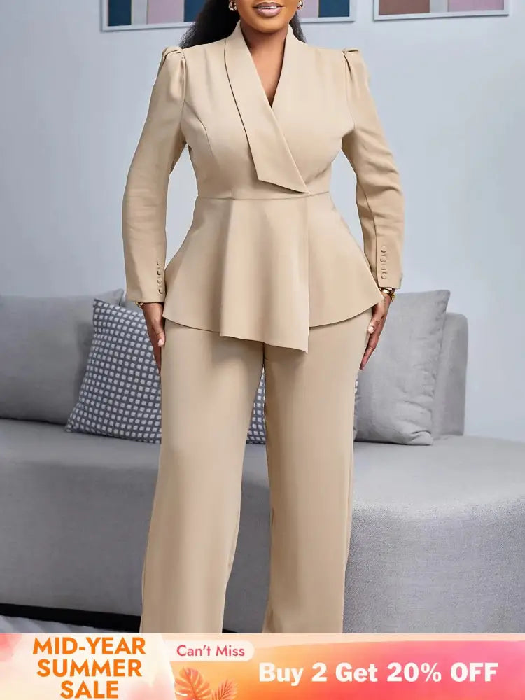 Women Elegant Two Pieces Set V Neck Peplum Belly Cover Top Long Wide Leg Pants