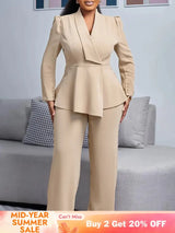 Women Elegant Two Pieces Set V Neck Peplum Belly Cover Top Long Wide Leg Pants