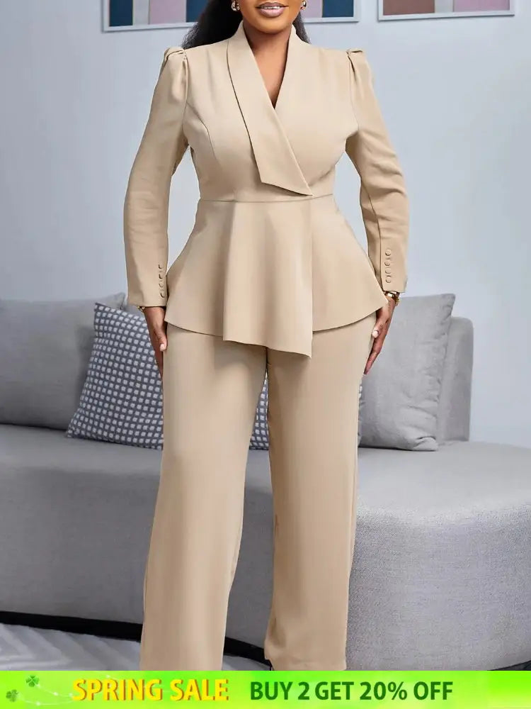 Women Elegant Two Pieces Set V Neck Peplum Belly Cover Top Long Wide Leg Pants