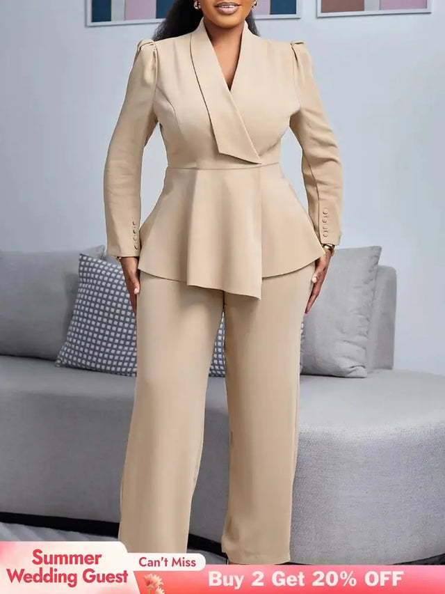 Women Elegant Two Pieces Set V Neck Peplum Belly Cover Top Long Wide Leg Pants