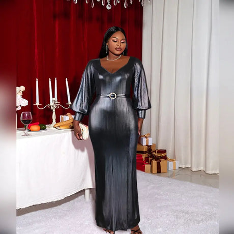 Women Lantern Sleeve Shiny Grey Long Evening Dress Gray / S