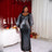 Women Lantern Sleeve Shiny Grey Long Evening Dress Gray / S