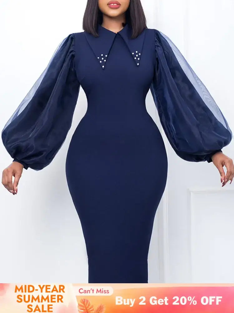 Women Long Lantern Sleeves Dress Turn Down Collar Autumn Fashion