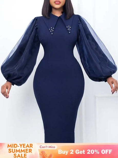 Women Long Lantern Sleeves Dress Turn Down Collar Autumn Fashion