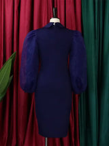 Women Long Lantern Sleeves Dress Turn Down Collar Autumn Fashion