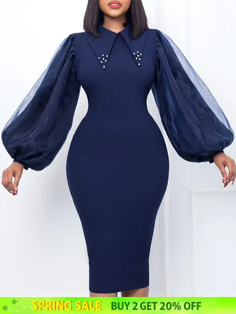 Women Long Lantern Sleeves Dress Turn Down Collar Autumn Fashion