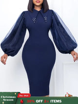 Women Long Lantern Sleeves Dress Turn Down Collar Autumn Fashion