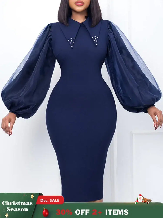 Women Long Lantern Sleeves Dress Turn Down Collar Autumn Fashion