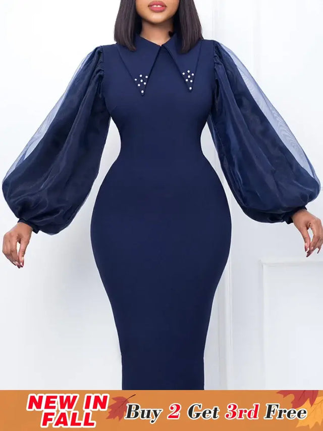 Women Long Lantern Sleeves Dress Turn Down Collar Autumn Fashion