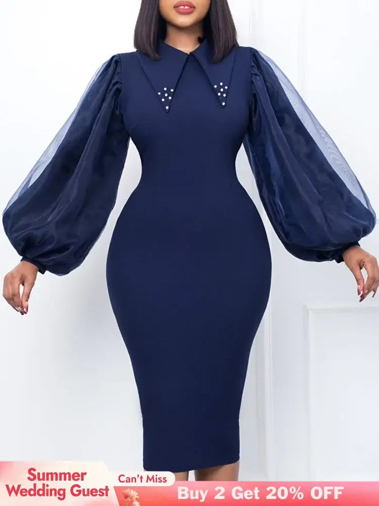 Women Long Lantern Sleeves Dress Turn Down Collar Autumn Fashion