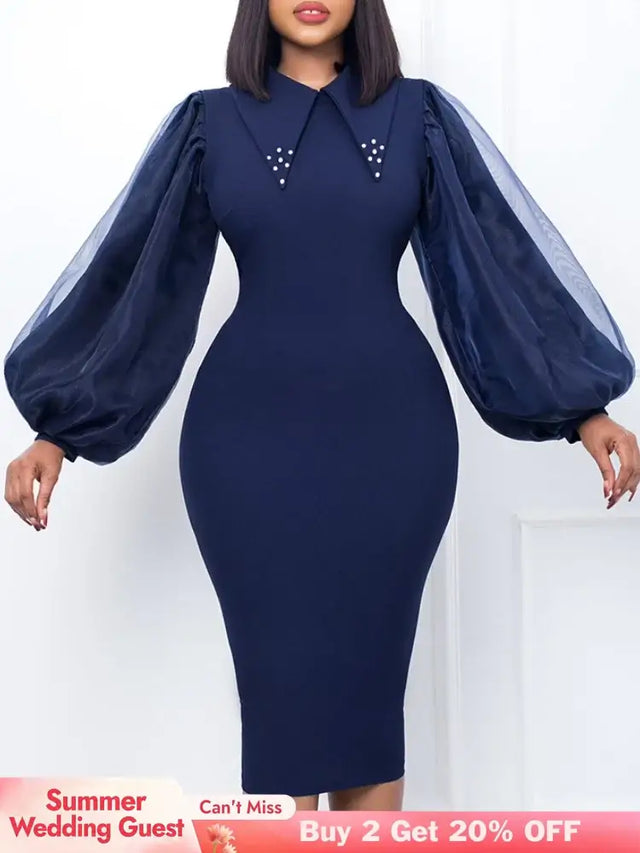 Women Long Lantern Sleeves Dress Turn Down Collar Autumn Fashion