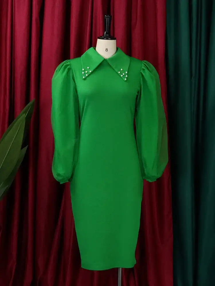 Women Long Lantern Sleeves Dress Turn Down Collar Autumn Fashion