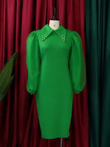 Women Long Lantern Sleeves Dress Turn Down Collar Autumn Fashion