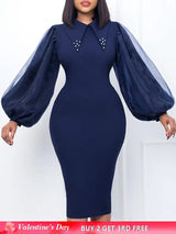 Women Long Lantern Sleeves Dress Turn Down Collar Autumn Fashion