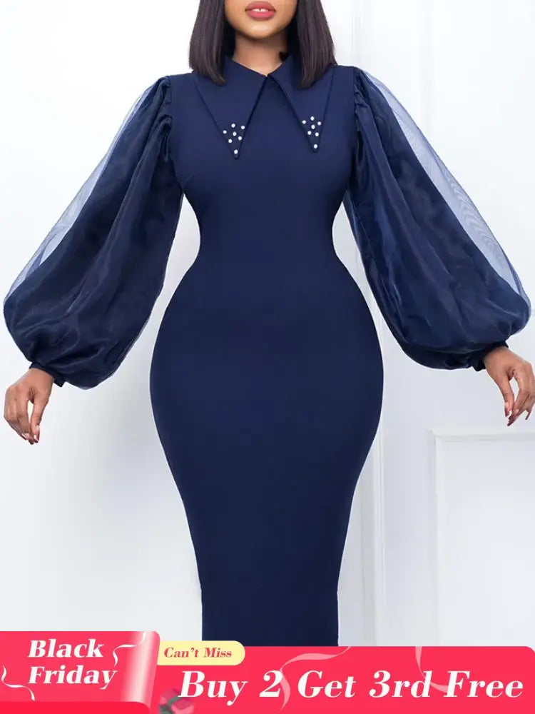 Women Long Lantern Sleeves Dress Turn Down Collar Autumn Fashion