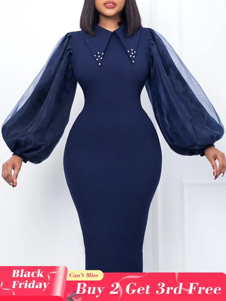 Women Long Lantern Sleeves Dress Turn Down Collar Autumn Fashion