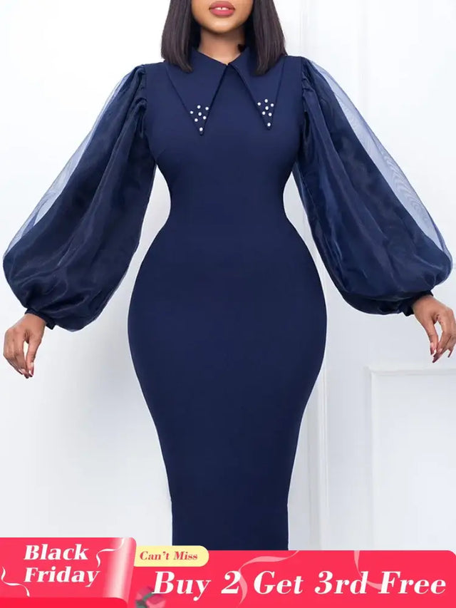 Women Long Lantern Sleeves Dress Turn Down Collar Autumn Fashion