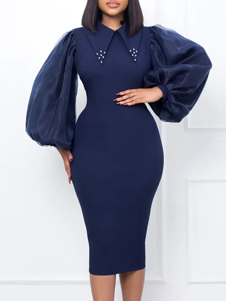 Women Long Lantern Sleeves Dress Turn Down Collar Autumn Fashion Blue / S