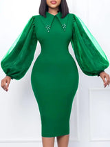 Women Long Lantern Sleeves Dress Turn Down Collar Autumn Fashion Green / S