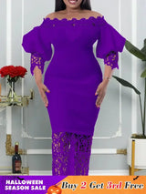 Women Off Shoulder Long Dress Hollow Out Lace High Waisted Bubble Sleeve