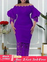 Women Off Shoulder Long Dress Hollow Out Lace High Waisted Bubble Sleeve