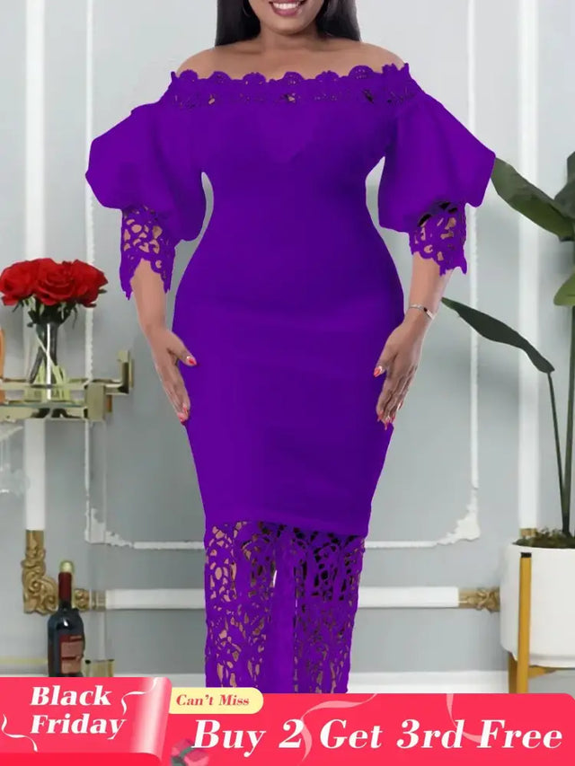 Women Off Shoulder Long Dress Hollow Out Lace High Waisted Bubble Sleeve