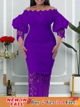 Women Off Shoulder Long Dress Hollow Out Lace High Waisted Bubble Sleeve