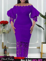 Women Off Shoulder Long Dress Hollow Out Lace High Waisted Bubble Sleeve