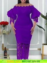 Women Off Shoulder Long Dress Hollow Out Lace High Waisted Bubble Sleeve