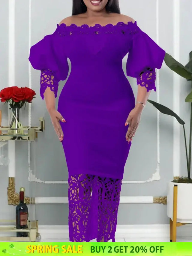 Women Off Shoulder Long Dress Hollow Out Lace High Waisted Bubble Sleeve