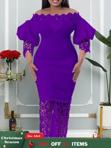 Women Off Shoulder Long Dress Hollow Out Lace High Waisted Bubble Sleeve