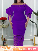 Women Off Shoulder Long Dress Hollow Out Lace High Waisted Bubble Sleeve