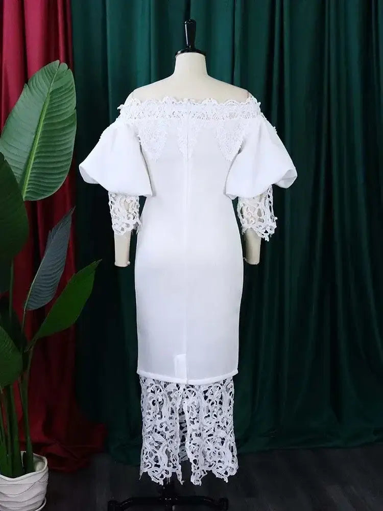 Women Off Shoulder Long Dress Hollow Out Lace High Waisted Bubble Sleeve