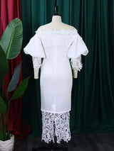 Women Off Shoulder Long Dress Hollow Out Lace High Waisted Bubble Sleeve