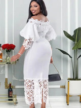 Women Off Shoulder Long Dress Hollow Out Lace High Waisted Bubble Sleeve