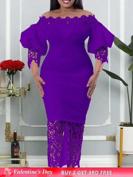 Women Off Shoulder Long Dress Hollow Out Lace High Waisted Bubble Sleeve