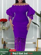 Women Off Shoulder Long Dress Hollow Out Lace High Waisted Bubble Sleeve