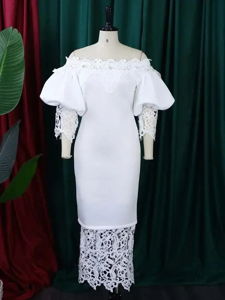 Women Off Shoulder Long Dress Hollow Out Lace High Waisted Bubble Sleeve