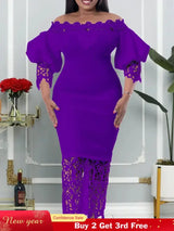 Women Off Shoulder Long Dress Hollow Out Lace High Waisted Bubble Sleeve