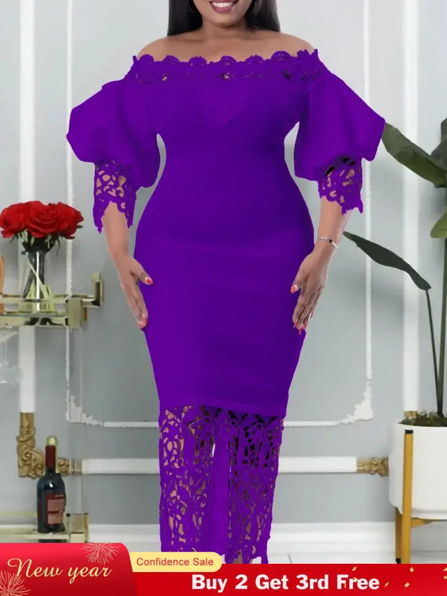 Women Off Shoulder Long Dress Hollow Out Lace High Waisted Bubble Sleeve