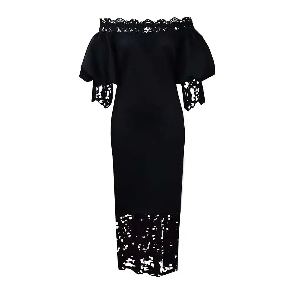 Women Off Shoulder Long Dress Hollow Out Lace High Waisted Bubble Sleeve Black / S / 164