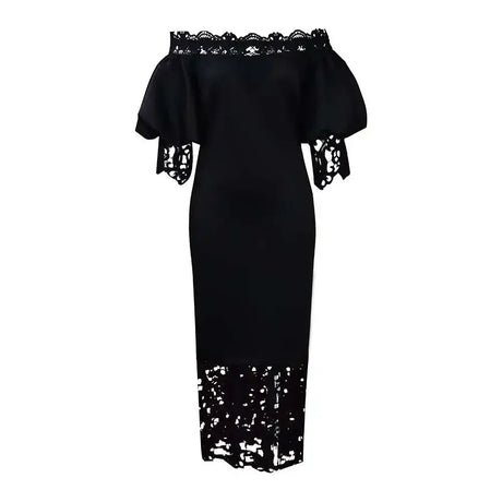 Women Off Shoulder Long Dress Hollow Out Lace High Waisted Bubble Sleeve Black / S / 164