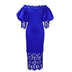 Women Off Shoulder Long Dress Hollow Out Lace High Waisted Bubble Sleeve Blue / S / 164