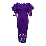 Women Off Shoulder Long Dress Hollow Out Lace High Waisted Bubble Sleeve Purple / S / 164