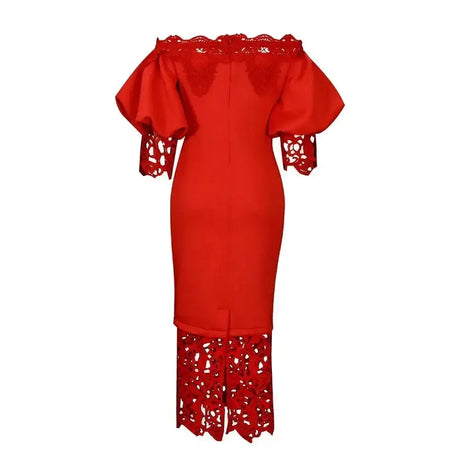 Women Off Shoulder Long Dress Hollow Out Lace High Waisted Bubble Sleeve Red / S / 164