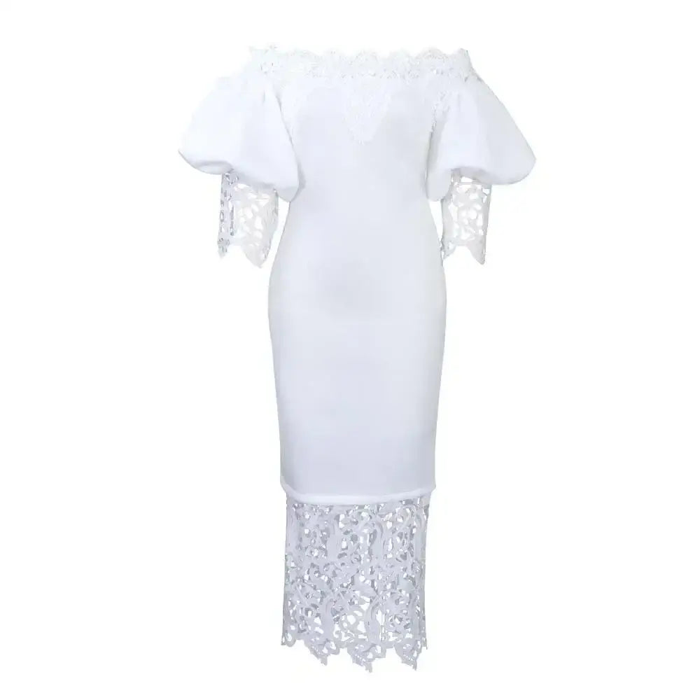 Women Off Shoulder Long Dress Hollow Out Lace High Waisted Bubble Sleeve White / S / 164