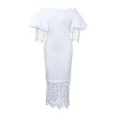 Women Off Shoulder Long Dress Hollow Out Lace High Waisted Bubble Sleeve White / S / 164