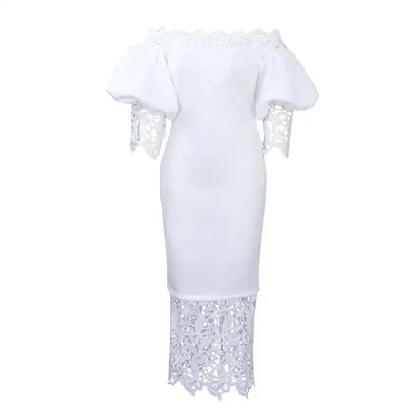 Women Off Shoulder Long Dress Hollow Out Lace High Waisted Bubble Sleeve White / S / 164