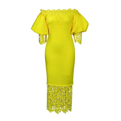 Women Off Shoulder Long Dress Hollow Out Lace High Waisted Bubble Sleeve Yellow / S / 164
